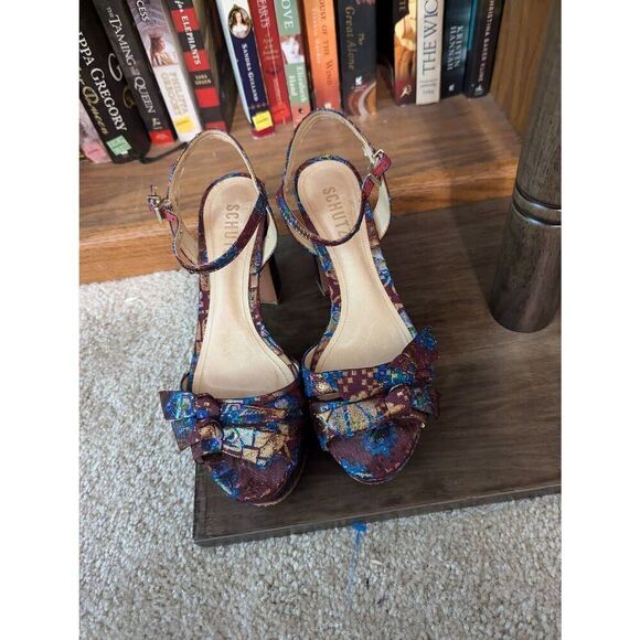 Schutz Women’s 7B Genuine Leather Multicolor Bow Peep Toe Heels Ankle Wrap - Picture 1 of 7